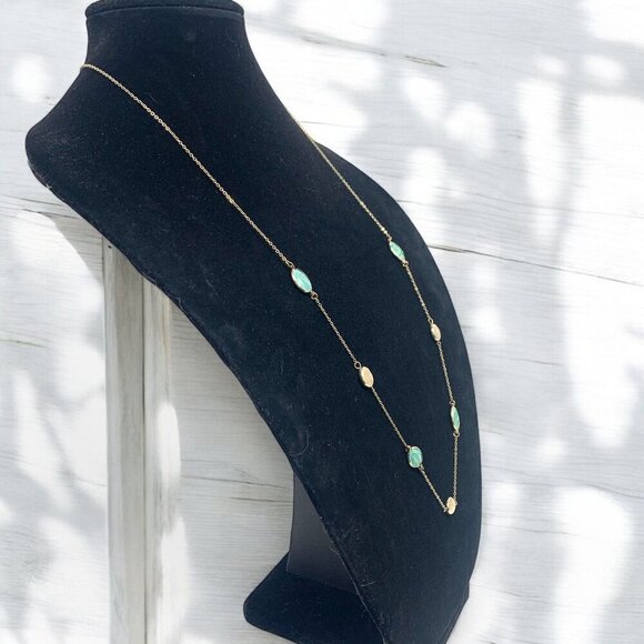 Vivace Gold Tone Station Necklace With Green Bezel Set Stones 34"L With 2.5" Ext - Picture 4 of 6